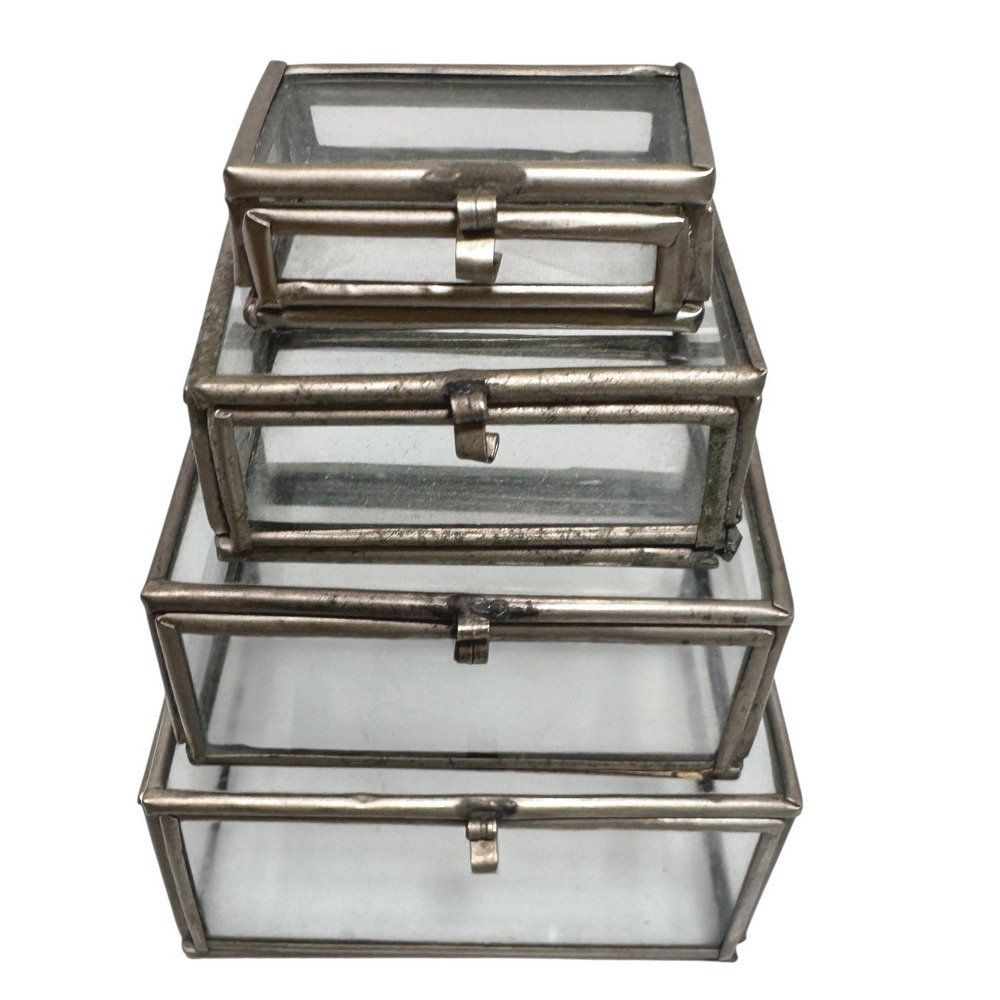 Set of 4 Vintage Glass and Silver Metal Nesting Jewelry Display Boxes Hinged